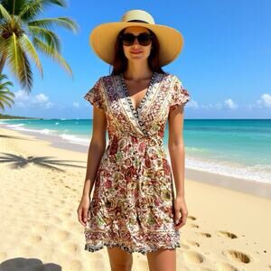 Unbranded Wrap Dress Sz S Colorful Floral Cap Sleeve Summer Beach Cottagecore